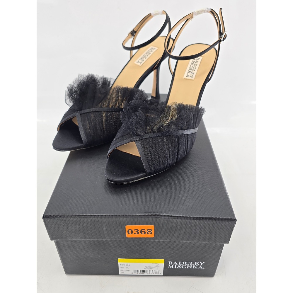 Badgley Mischka Aisha Heels Womens 10 Black Tulle Satin Ankle Strap -Excellent